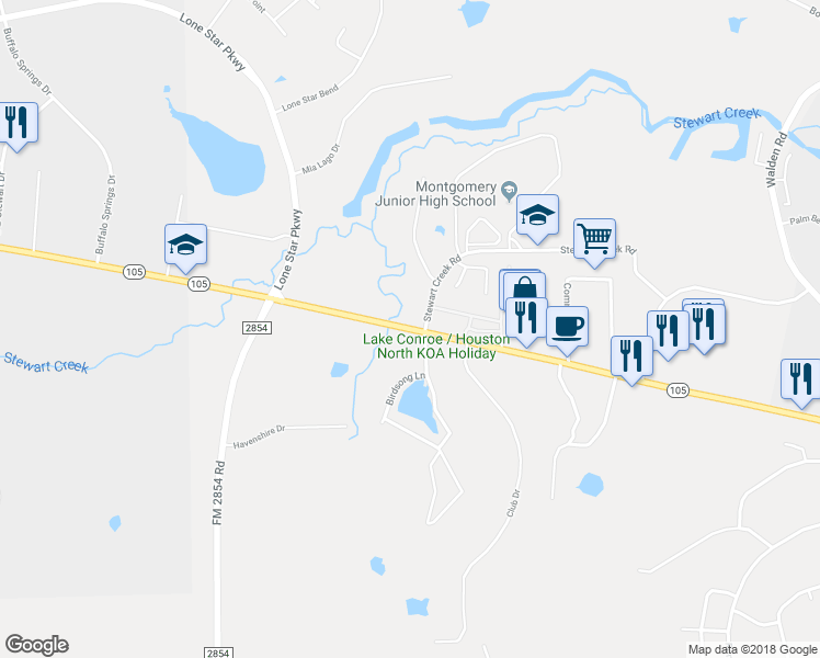 map of restaurants, bars, coffee shops, grocery stores, and more near 19890 Texas 105 in Montgomery