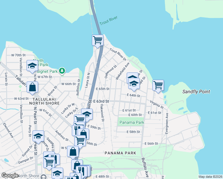 map of restaurants, bars, coffee shops, grocery stores, and more near 7525 Oakwood Street in Jacksonville