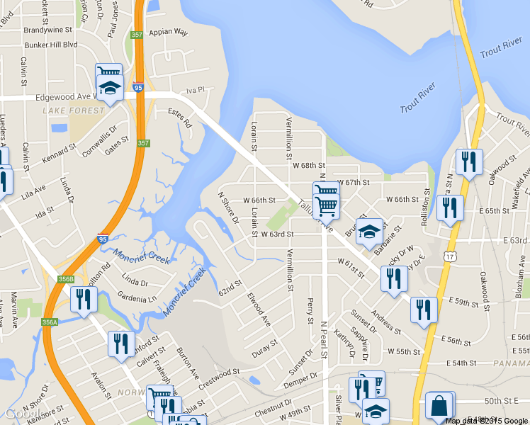 map of restaurants, bars, coffee shops, grocery stores, and more near 445 West 66th Street in Jacksonville