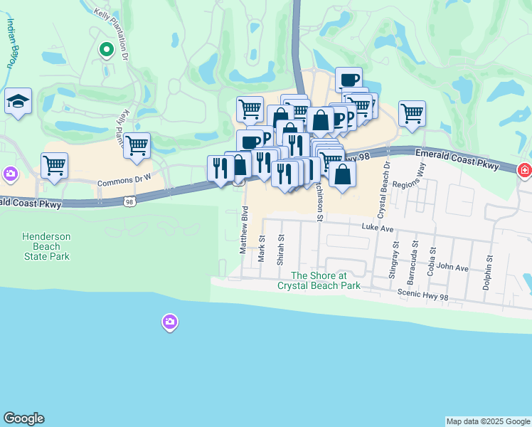map of restaurants, bars, coffee shops, grocery stores, and more near 34904 Emerald Coast Parkway in Destin