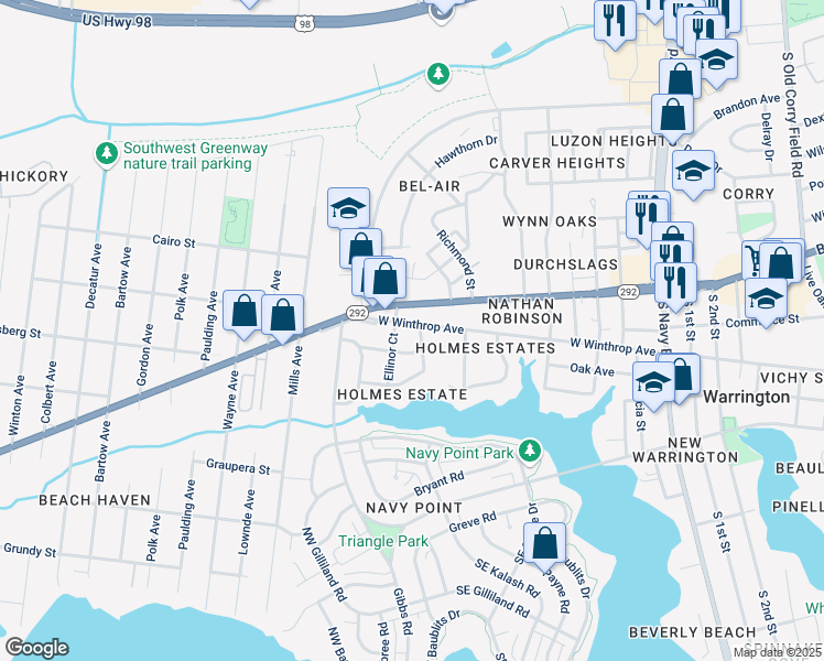 map of restaurants, bars, coffee shops, grocery stores, and more near 901 Gulf Beach Highway in Pensacola