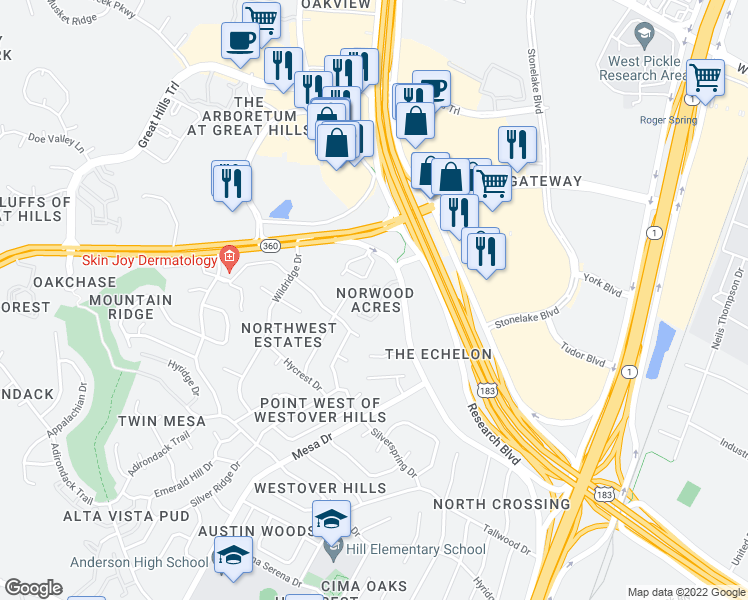 map of restaurants, bars, coffee shops, grocery stores, and more near 9525 North Capital of Texas Highway in Austin
