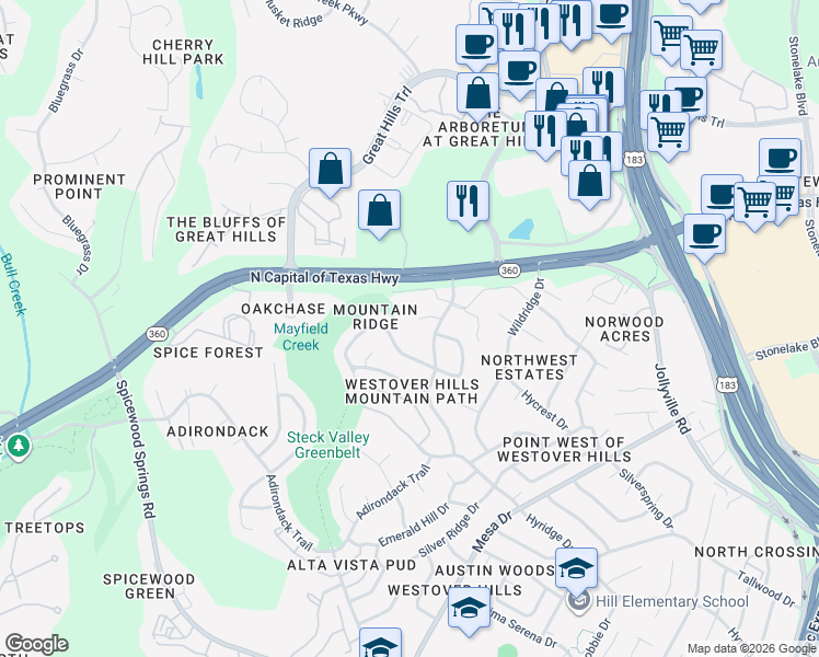 map of restaurants, bars, coffee shops, grocery stores, and more near 4506 Smooth Oak Drive in Austin