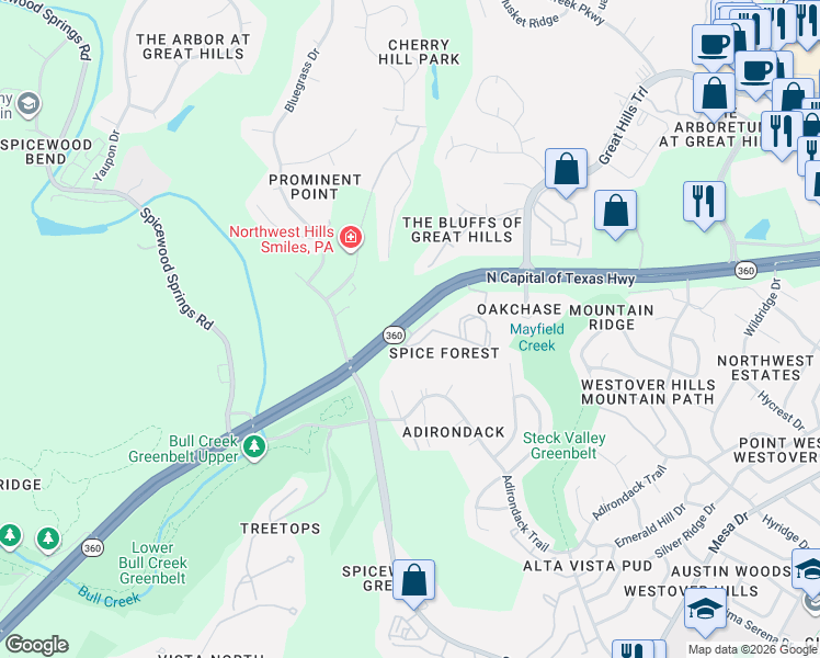 map of restaurants, bars, coffee shops, grocery stores, and more near 8535 North Capital of Texas Highway in Austin