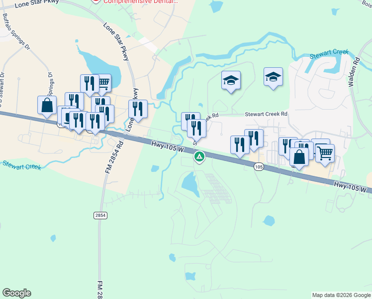 map of restaurants, bars, coffee shops, grocery stores, and more near 19898 Texas 105 in Montgomery