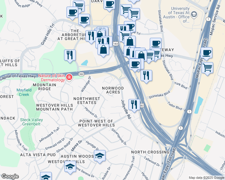 map of restaurants, bars, coffee shops, grocery stores, and more near 9525 North Capital of Texas Highway in Austin