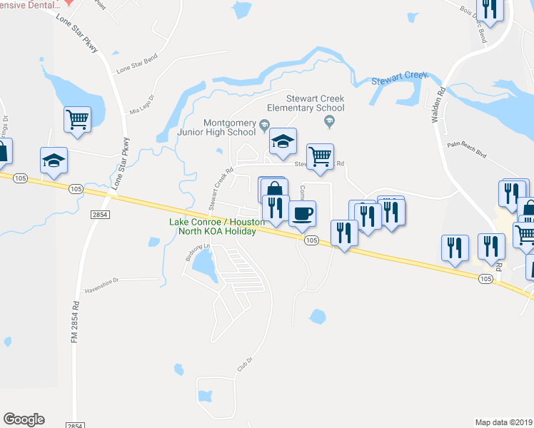map of restaurants, bars, coffee shops, grocery stores, and more near 19820 Texas 105 in Montgomery