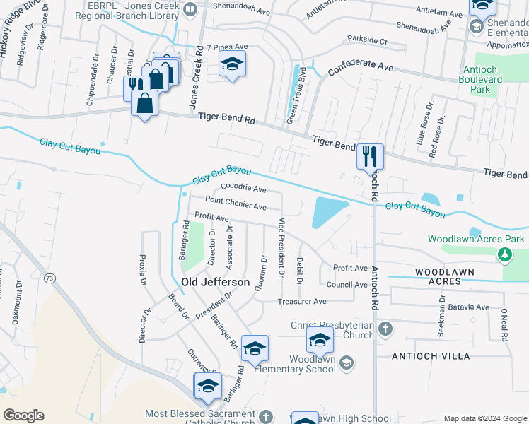 map of restaurants, bars, coffee shops, grocery stores, and more near 15318 Point Chenier Avenue in Baton Rouge