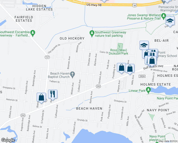 map of restaurants, bars, coffee shops, grocery stores, and more near 902 Decatur Avenue in Pensacola