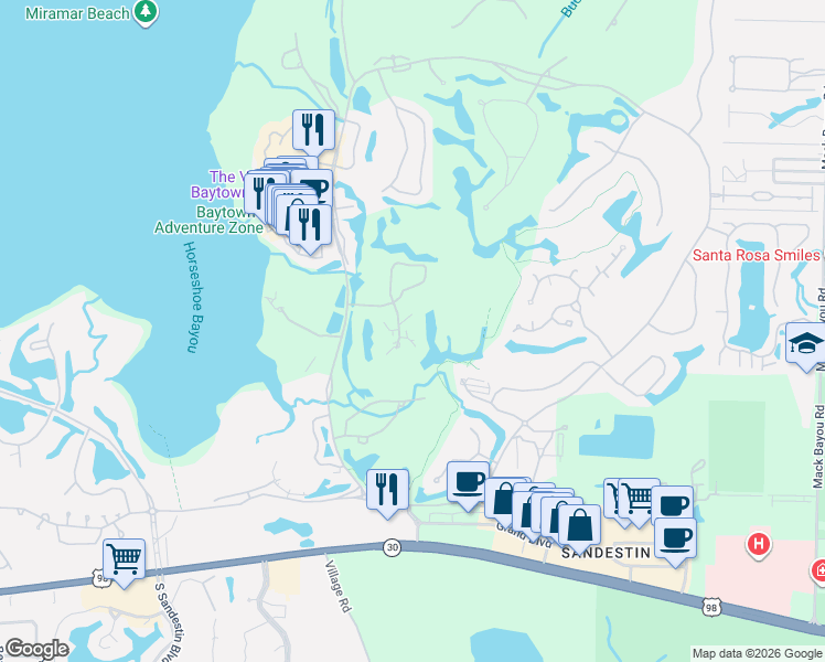map of restaurants, bars, coffee shops, grocery stores, and more near 8555 Turnberry Court in Miramar Beach