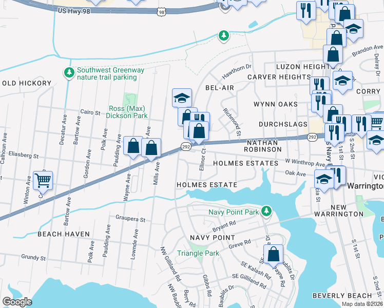 map of restaurants, bars, coffee shops, grocery stores, and more near 1101-1199 Highway 292 in Pensacola