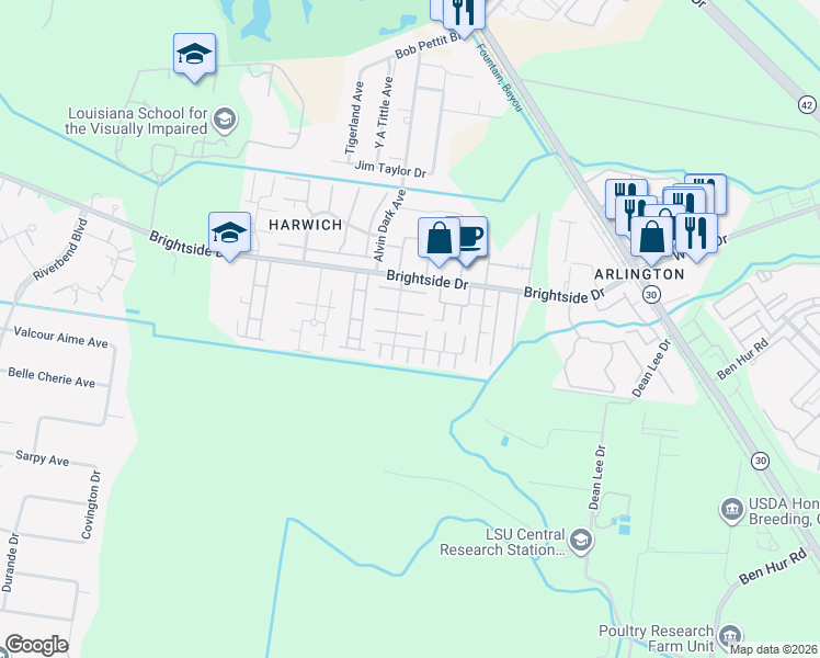 map of restaurants, bars, coffee shops, grocery stores, and more near 5135 Brightside View Drive in Baton Rouge