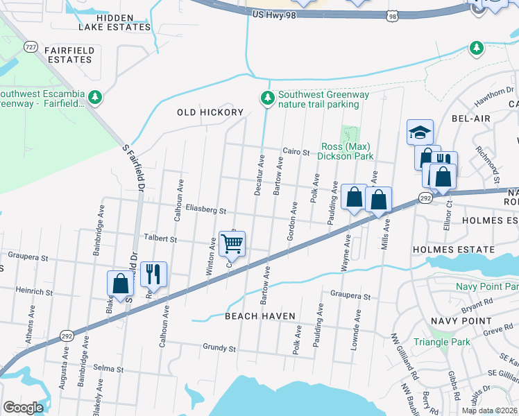 map of restaurants, bars, coffee shops, grocery stores, and more near 908 Decatur Avenue in Pensacola
