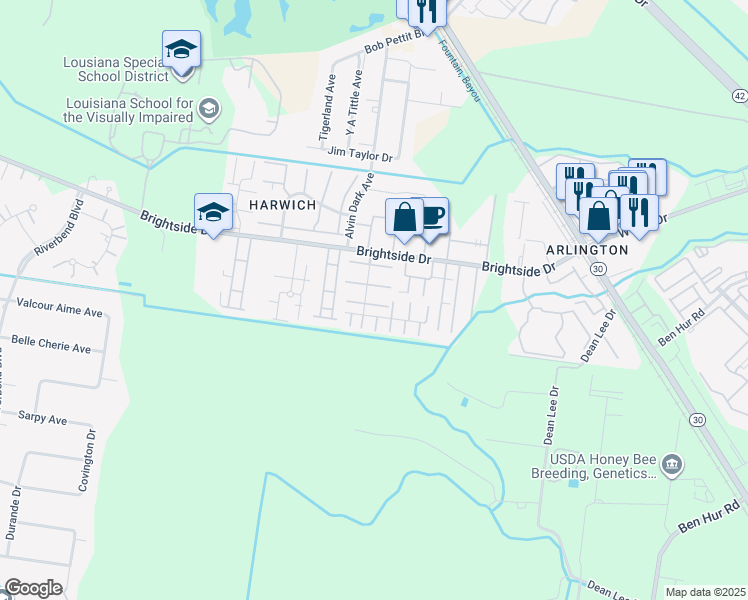 map of restaurants, bars, coffee shops, grocery stores, and more near 5135 Brightside View Drive in Baton Rouge