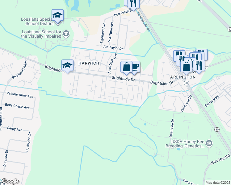 map of restaurants, bars, coffee shops, grocery stores, and more near 5135 Brightside View Drive in Baton Rouge