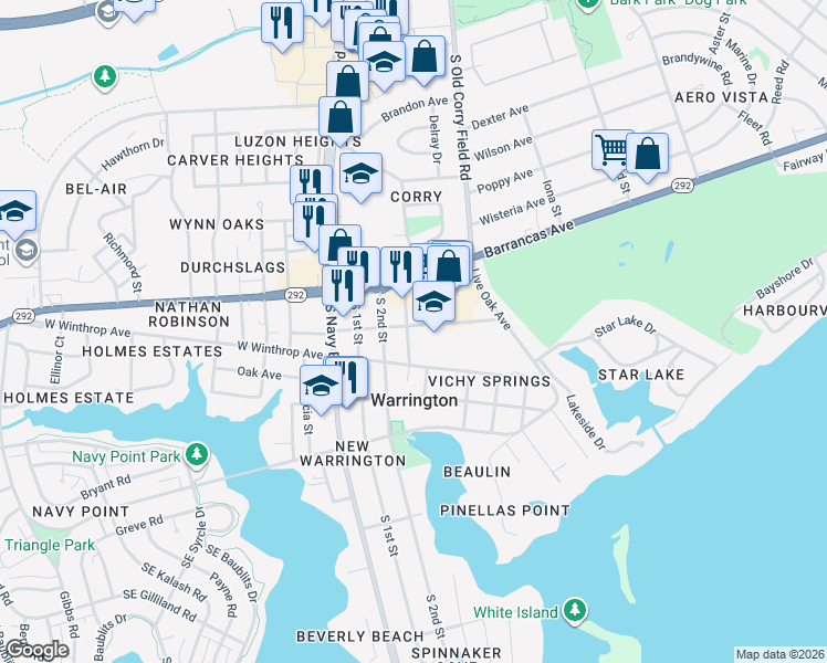 map of restaurants, bars, coffee shops, grocery stores, and more near 340 Commerce St in Pensacola