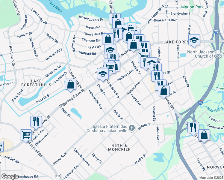 map of restaurants, bars, coffee shops, grocery stores, and more near 7632 Fernandina Avenue in Jacksonville