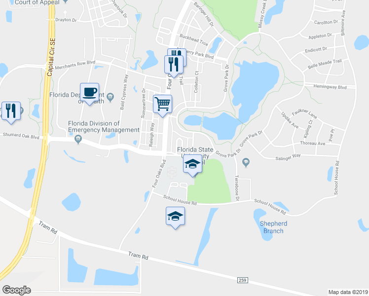 map of restaurants, bars, coffee shops, grocery stores, and more near 4210 Avon Park Circle in Tallahassee