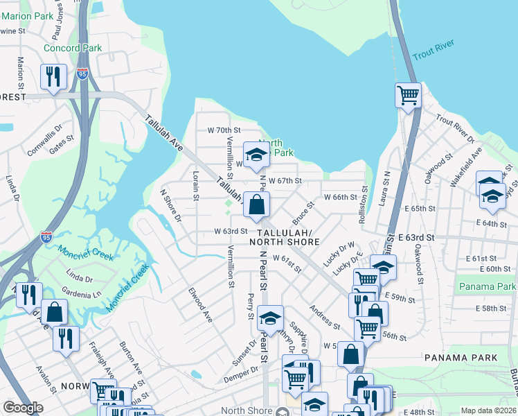 map of restaurants, bars, coffee shops, grocery stores, and more near 7602 North Pearl Street in Jacksonville