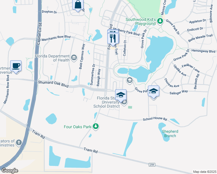 map of restaurants, bars, coffee shops, grocery stores, and more near 4307 Four Oaks Boulevard in Tallahassee