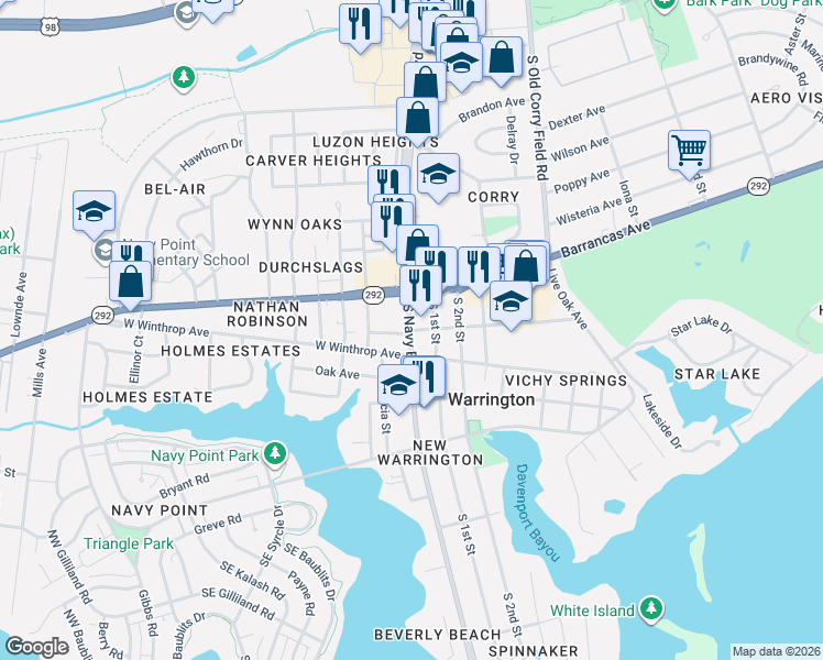 map of restaurants, bars, coffee shops, grocery stores, and more near 4165 Barrancas Avenue in Pensacola
