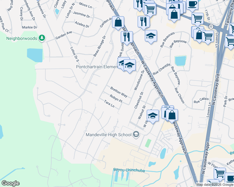 map of restaurants, bars, coffee shops, grocery stores, and more near 47 Bretton Way in Mandeville