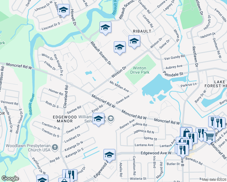 map of restaurants, bars, coffee shops, grocery stores, and more near 3836 Robert C Weaver Drive in Jacksonville