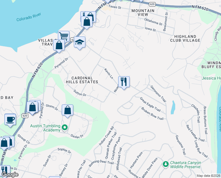 map of restaurants, bars, coffee shops, grocery stores, and more near 15100 Lariat Trail in Austin