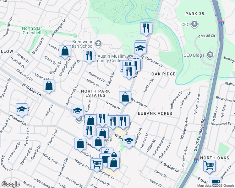map of restaurants, bars, coffee shops, grocery stores, and more near 11630 North Lamar Boulevard in Austin
