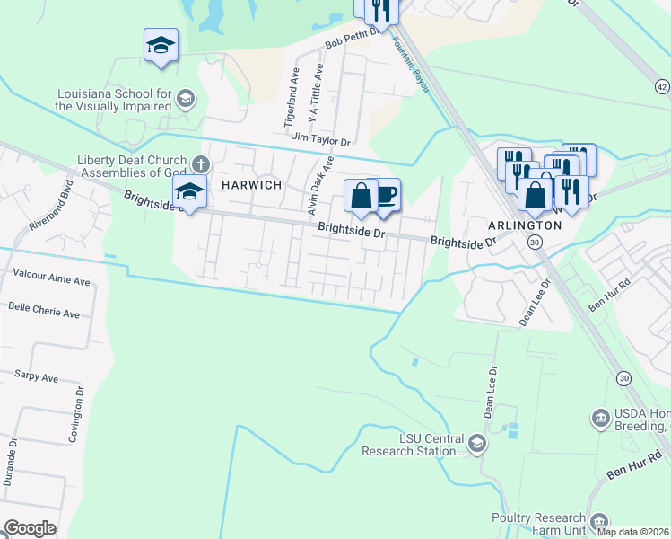 map of restaurants, bars, coffee shops, grocery stores, and more near 5135 Brightside View Drive in Baton Rouge
