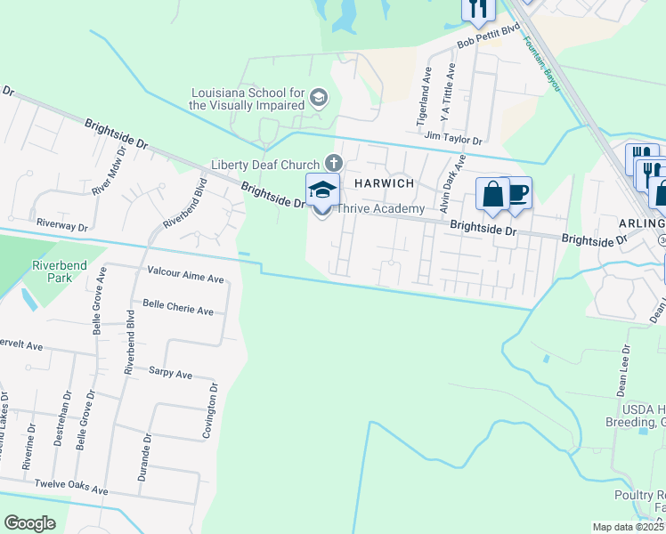 map of restaurants, bars, coffee shops, grocery stores, and more near 2403 Brightside Drive in Baton Rouge