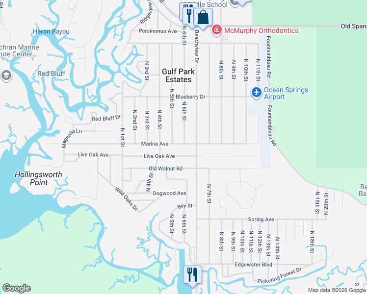map of restaurants, bars, coffee shops, grocery stores, and more near 9100 Marina Avenue in Ocean Springs