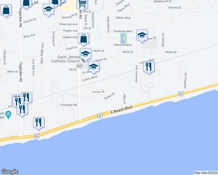 map of restaurants, bars, coffee shops, grocery stores, and more near 489 Weaver Avenue in Gulfport