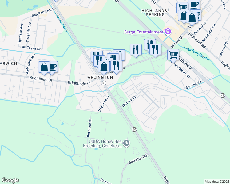 map of restaurants, bars, coffee shops, grocery stores, and more near 5445 Nicholson Drive in Baton Rouge