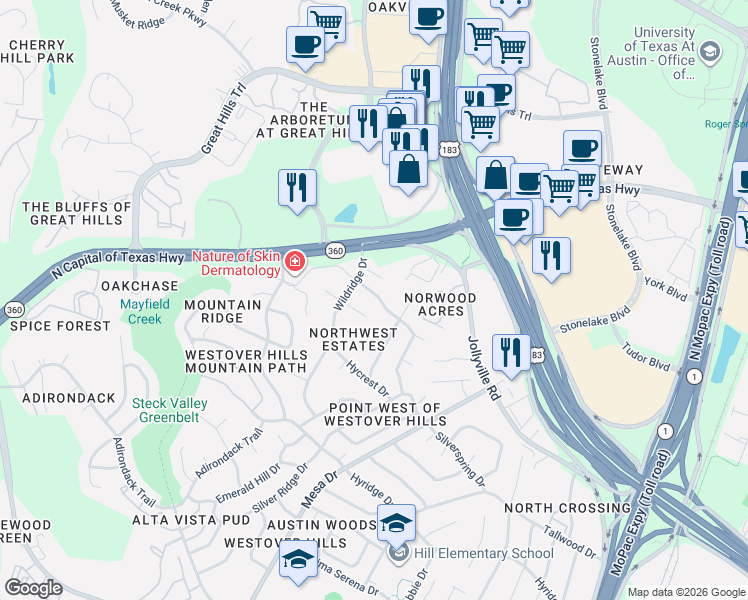 map of restaurants, bars, coffee shops, grocery stores, and more near 4201 Bluffridge Drive in Austin