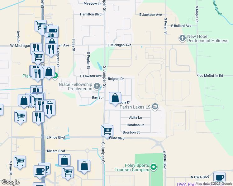 map of restaurants, bars, coffee shops, grocery stores, and more near 1749 Toulouse Lane in Foley