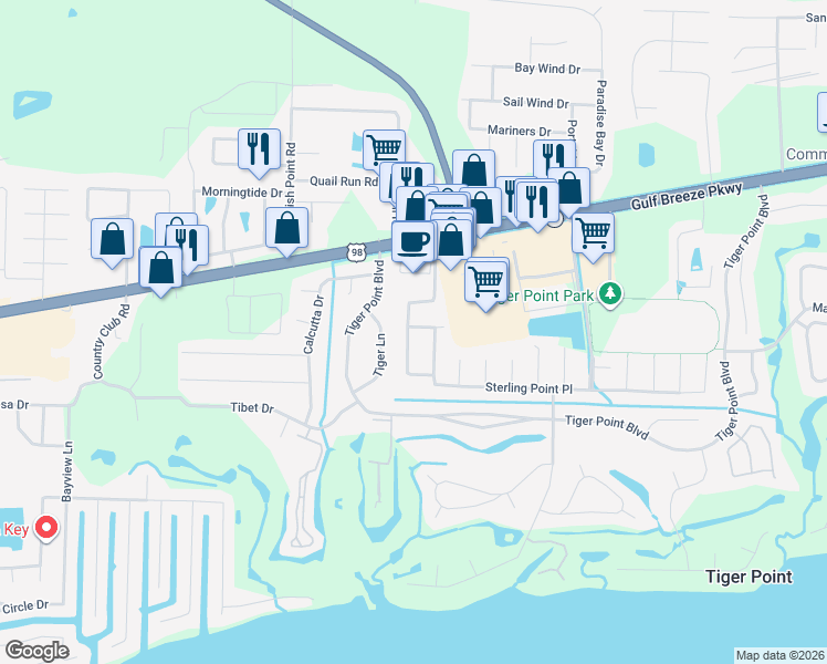 map of restaurants, bars, coffee shops, grocery stores, and more near 1356 Sterling Point Drive in Gulf Breeze