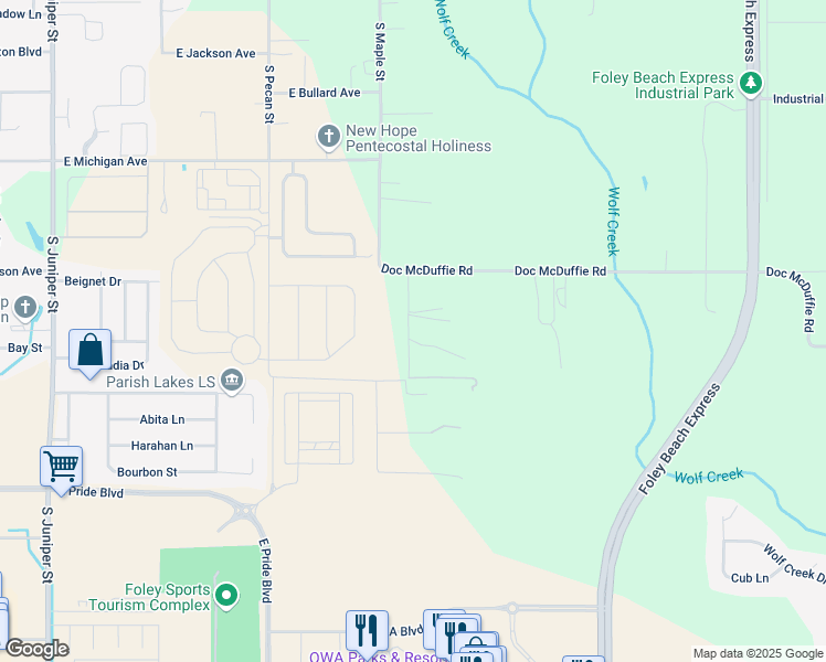 map of restaurants, bars, coffee shops, grocery stores, and more near 11035-11155 Artwood Road in Foley