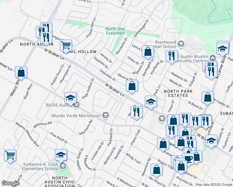 map of restaurants, bars, coffee shops, grocery stores, and more near 1410a West Braker Lane in Austin