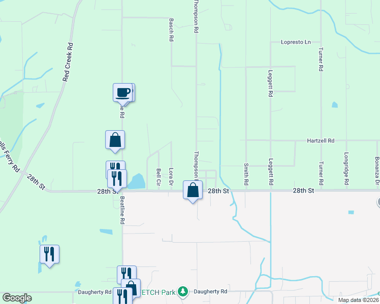 map of restaurants, bars, coffee shops, grocery stores, and more near 7081 Thompson Road in Long Beach