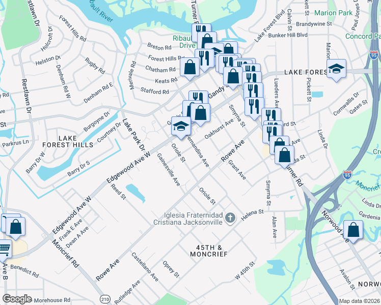 map of restaurants, bars, coffee shops, grocery stores, and more near 1656 Edgewood Avenue West in Jacksonville