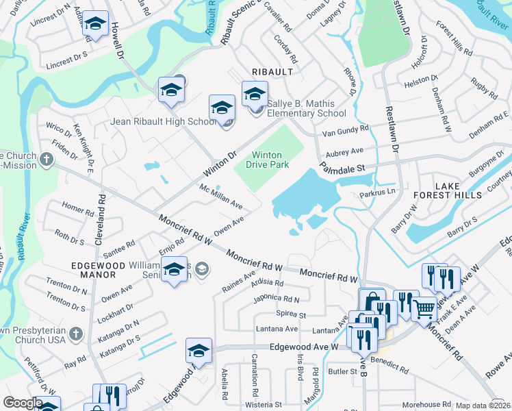 map of restaurants, bars, coffee shops, grocery stores, and more near 3529 Owen Avenue in Jacksonville