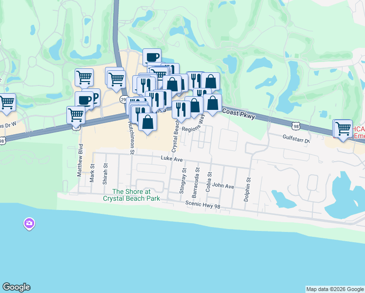 map of restaurants, bars, coffee shops, grocery stores, and more near 214 Tahitian Way in Destin