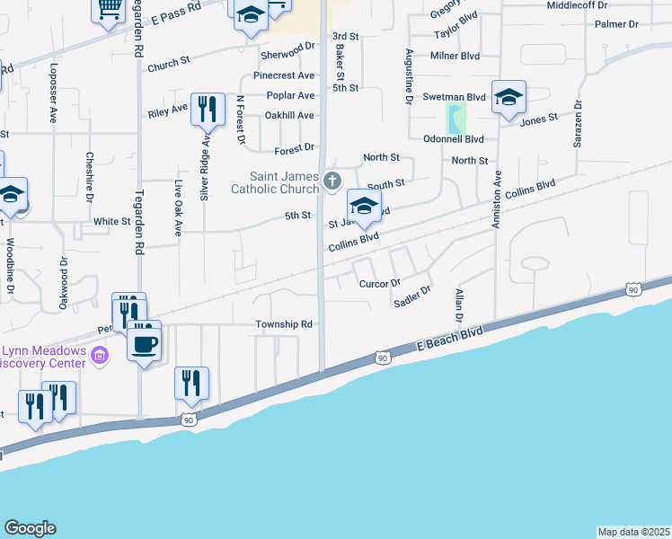 map of restaurants, bars, coffee shops, grocery stores, and more near 306 Cowan Rd in Gulfport
