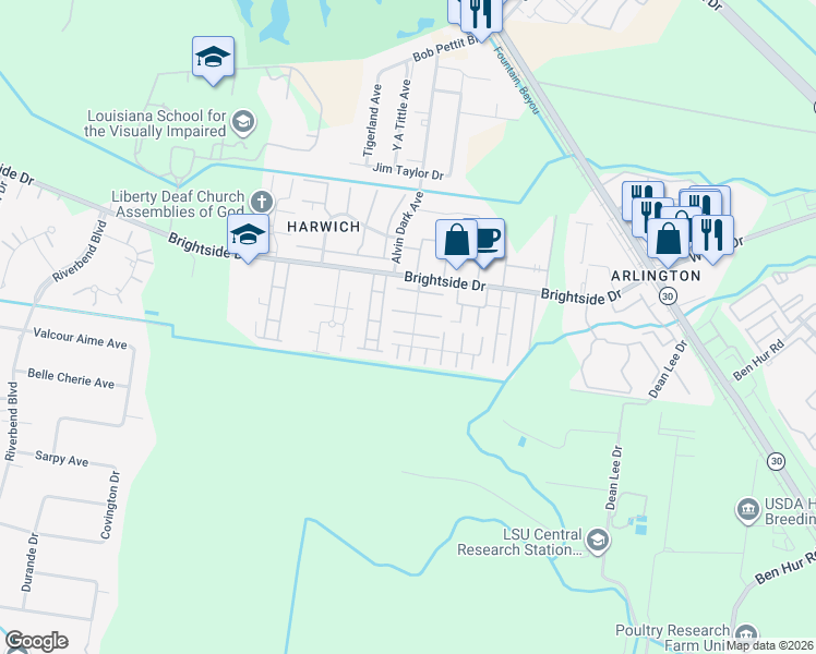 map of restaurants, bars, coffee shops, grocery stores, and more near 5232 Brightside View Drive in Baton Rouge
