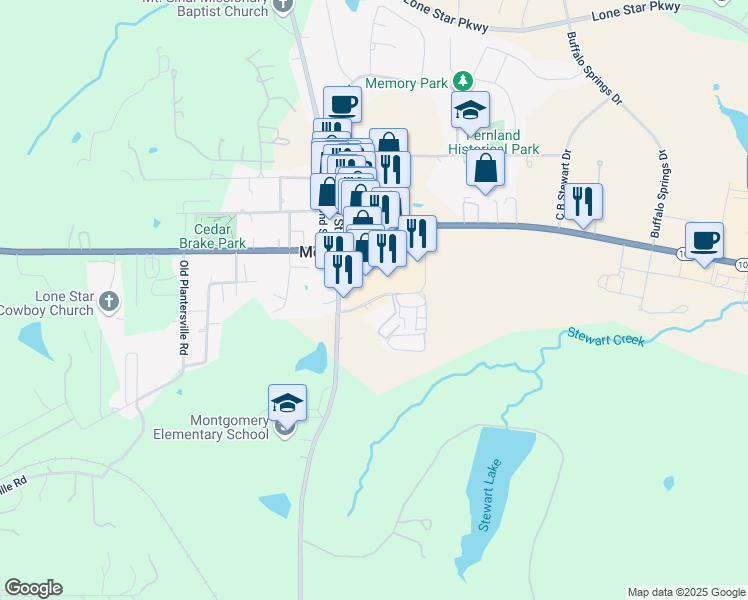 map of restaurants, bars, coffee shops, grocery stores, and more near 21005 Eva Street in Montgomery