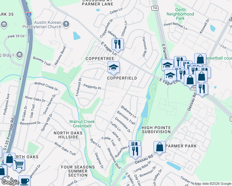 map of restaurants, bars, coffee shops, grocery stores, and more near 12153 Abbey Glen Lane in Austin