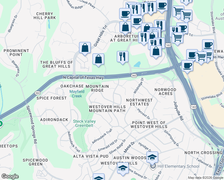 map of restaurants, bars, coffee shops, grocery stores, and more near 4506 Smooth Oak Drive in Austin