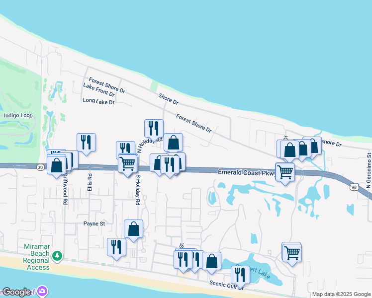 map of restaurants, bars, coffee shops, grocery stores, and more near 132 Mariner Way in Destin