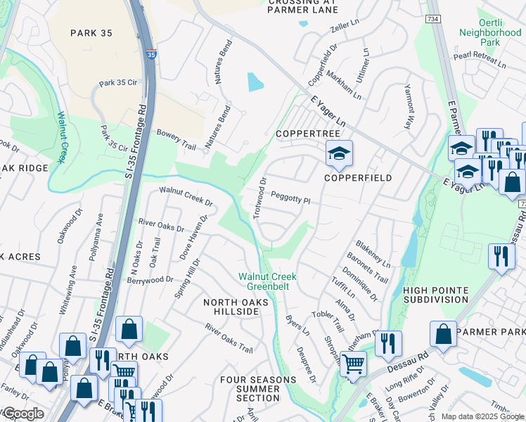 map of restaurants, bars, coffee shops, grocery stores, and more near 906 Bodgers Drive in Austin